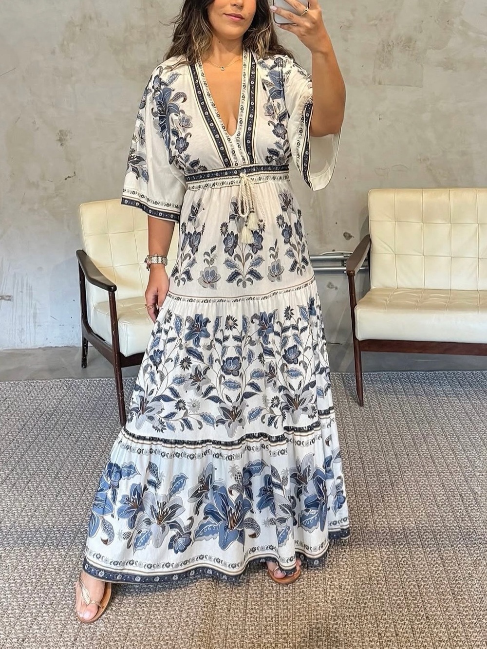 FARM Rio Maxi Dress with Blue Floral Print Size S